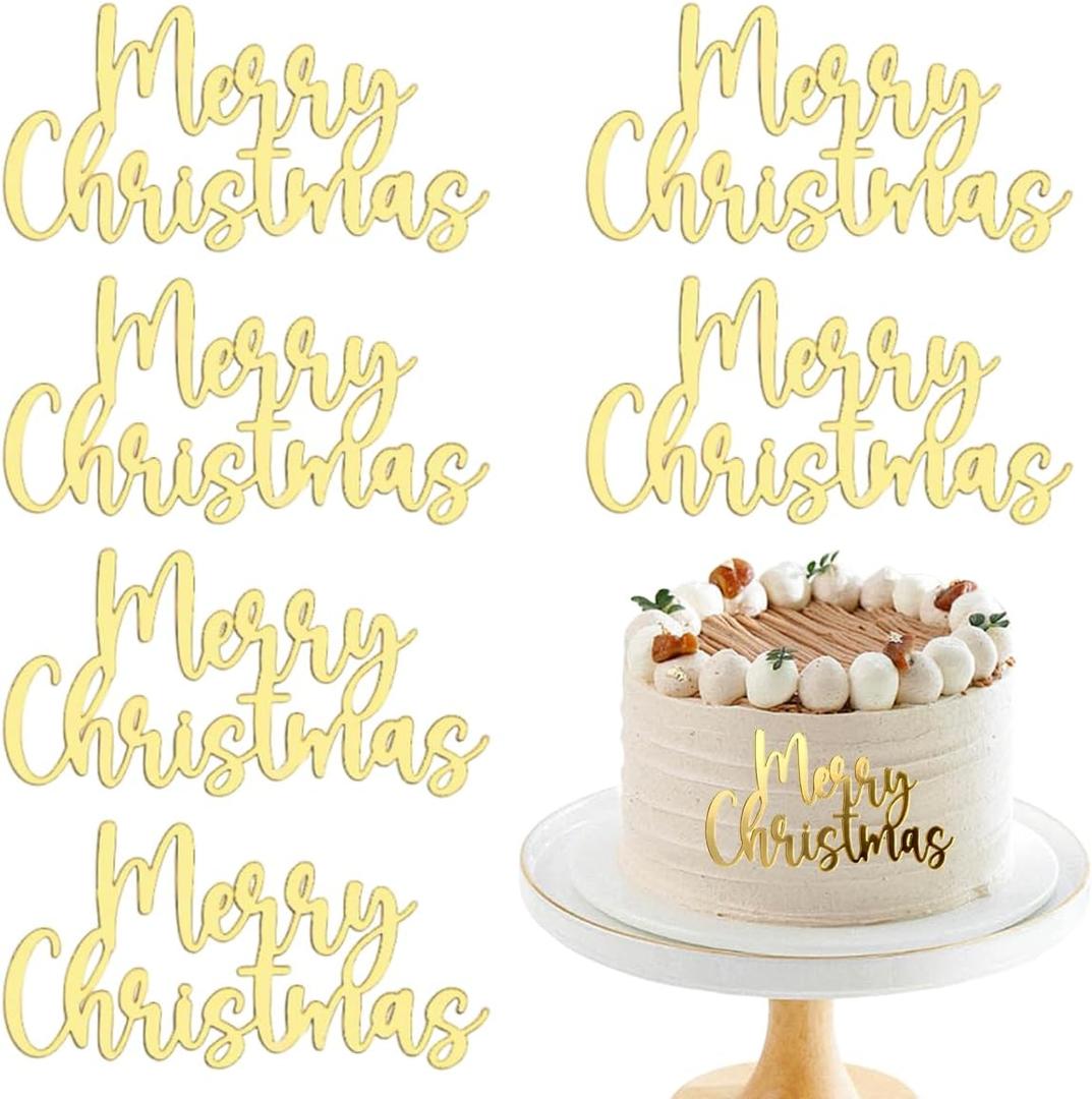 6Pcs Mirror Gold Acrylic Merry Christmas Cake Toppers and Decorations Kit for Christmas Party Holiday Baking Ideal for Family Celebration