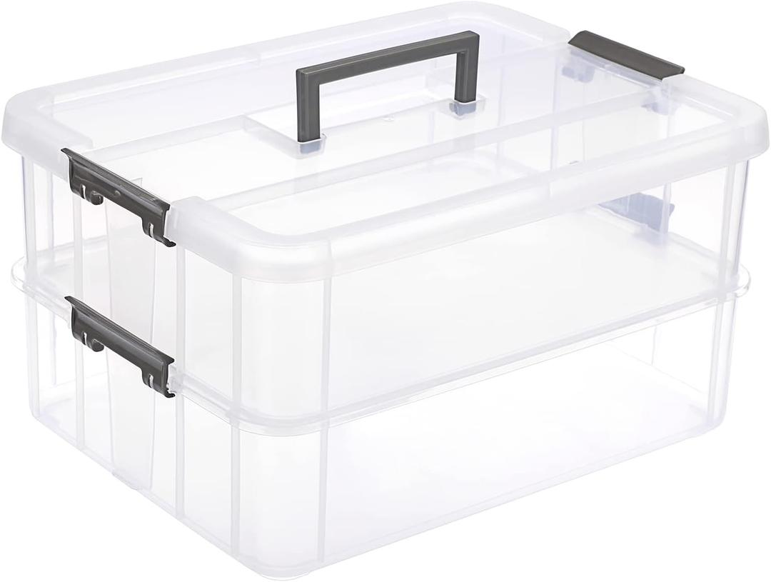 JUXYES 2-Tiers Stack Carry Storage Box With Handle, Transparent Stackable Storage Bin With Handle Lid Latching Storage Container for School & Office Supplies