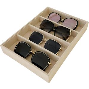 Velvet Sunglasses Organizer Tray 4 Slot, Stackable Eyewear & Glasses Display Case, Premium Beige Velvet, Scratch-Free Lining, Drawer Insert for Dressing Table Vanity Home Retail Trade Show