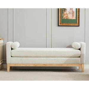 KEIKI Oversize Boucle Bench Ottoman with 2 Bolster Pillows & Wood Legs, Upholstered End of Bed Daybed Seating, Foot Rest Stool Furniture for Bedroom, Living Room, Entryway, Ivory Natural (Large-66.34"W)