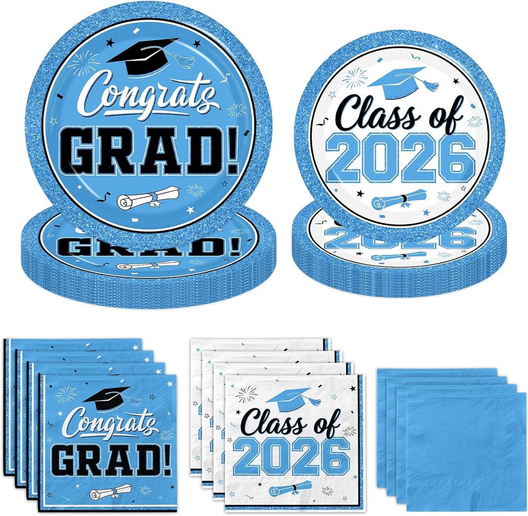 Graduation Plates and Napkins 2026, 200pcs Sky Blue Graduation Decorations Class of 2026 Grad Congrats Light Blue Graduation Blue Plates and Napkins Party Supplies for Graduation Party Favors,Serve 50