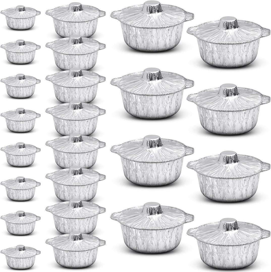 Ziliny 24 Pcs Disposable Aluminum Pot with Lid Round Foil Pans Disposable Cookware Food Container for Vacation Trips Camping Baking Heating Cooking (33.8,67.6,121.7 oz)
