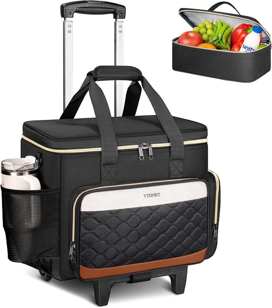 Ytonet Rolling Teacher Bag with Insulated Lunch Carrier, 15.6" Rolling Laptop Bag Women with Detachable Dolly, Large Roller Briefcase for Women Roller Tote Bags for Teacher Work Office Nurse Craft (Black/Beige/Brown)