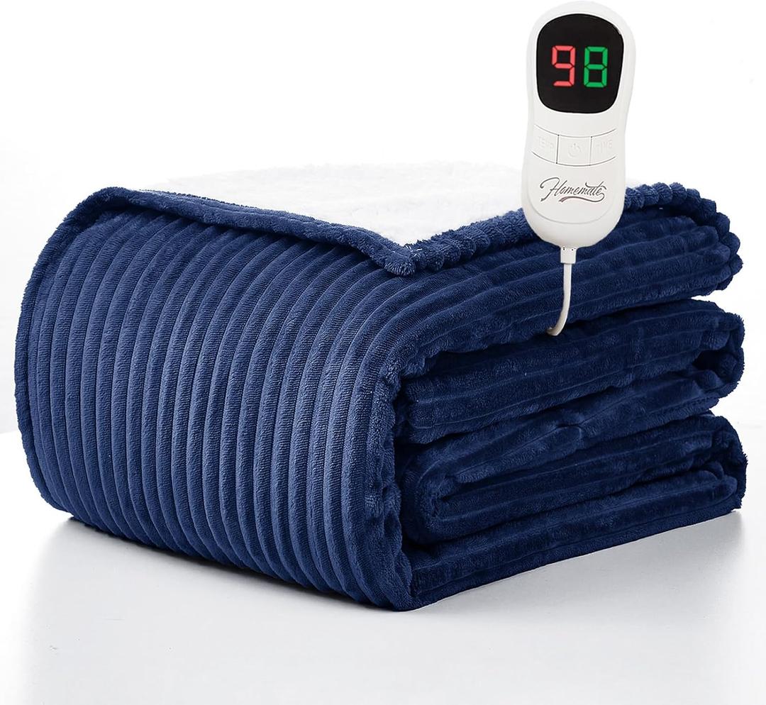 Homemate Electric Heated Blanket Twin Size - 62"x84" Heating Blanket Twin Size 1/2/4/6/8 Hours Auto-Off 10 Heat Level Over-Heat Protection Soft Flannel Sherpa ETL Certification Blue Striped