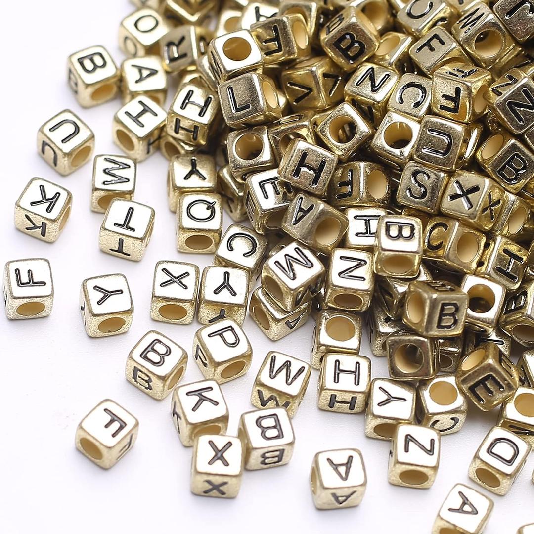 1000Pcs Square Letters Beads Antique Gold-Metallic-Color Cube Beads Acrylic Black Alphabet Bead Vintage Golden Cube Alphabet Bead for Jewelry Making DIY Friendship Bracelet