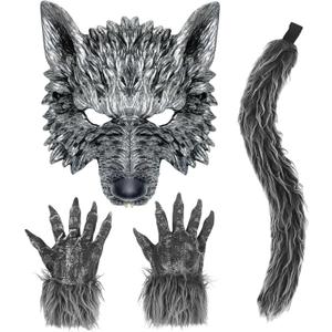 HyperFun Werewolf Costume Halloween Wolf Mask Gloves and Tails Set, Realistic Wolf Costume Cosplay Accessories Kit