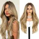 WIGER Long Ombre Blonde Wavy Wig for Women Middle Part Curly Natural Hairline Glueless Wigs TALOS Synthetic Heat Resistant Fiber Wig for Cosplay Costume Christmas (Light Brown)
