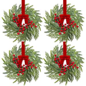 4 Pcs 15" Christmas Mini Cabinet Wreaths for Kitchen,Artificial Norfolk Pine & Cypress Wreath with Red Berry Bow for Christmas Decorations Window Door Fireplace Table Staircase Indoor Outdoor