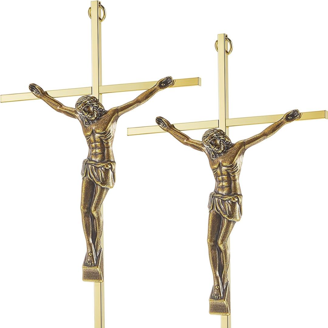 Leinuosen 2 Pcs Metal Crucifix Wall Cross 10 x 5 x 1 Inch Gold Home Cross Wall Decor Slender Hanging Cross Decor for Wall Gifts