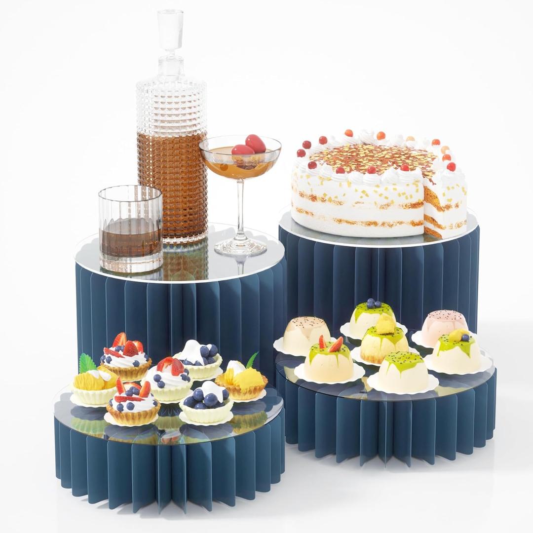 HeiMma 4 Pack Buffet Risers, Foldable Accordion Food Display Risers with Acrylic Disc, Dessert Table Display Set, Cardboard Paper Cupcake Cake Stand for Party Cylinder Stands for Parties Drink Collectibles Jewelry Figures, Multi-height, Blue