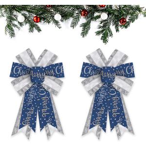 ABTOLS 2PCS Christmas Wreath Bows, Sliver Glitter Bows for Wreath Xmas Dot Decor Bow for Front Door Blue Tree Topper Bows for Winter New Year Wall Ornaments Home Indoor Outdoor Decor