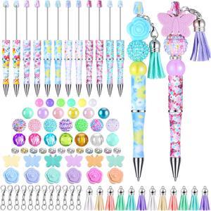 Teling 12 Pcs Beadable Pens Plastic Black Ink Ballpoint Pen with Assorted Spacer Beads Silicone Beads and Tassels and 12 Pcs Lobster Clasps for Office School DIY (Butterfly)
