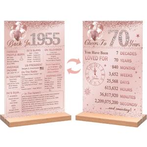 Vlipoeasn Pink 70th Birthday Table Decoration for Women, Vintage 1955 Poster, Large Rose Gold Back in 1955 Acrylic Table Sign with Stand, 70th Class Reunion Decor, 70 Year Old Birthday Party Supplies (Pink 1955)