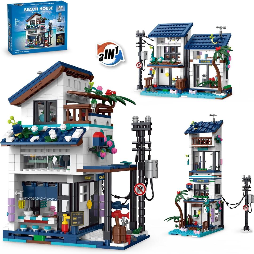 3 in 1 Vacation Beach House Building Set, Compatible with Friends Seaside Villa, Construction Educational Toy with Light, Birthday Gift for Kids Girls Aged 8-12 (813 PCS)