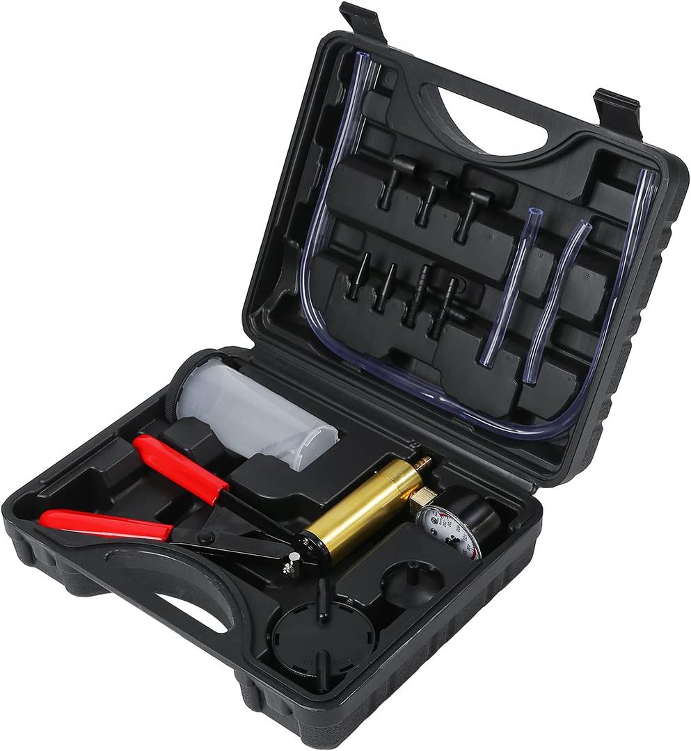 2 in 1 Brake Bleeder Kit with Hand Vacuum Pump with Gauge Adapters Automotive Brake Fluid Bleeding Set with Protected Case for Car Truck Black