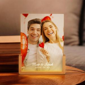 PYD Life 2 Pack Sublimation Night Lights Blanks LED Glass Photo Frames Panels White 6" x 8" with Warm Light,with Wood Stand for Custom Photos Designs, DIY Gifts for Couples, Family, Kids