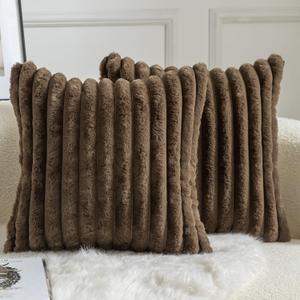 MANDIOO Pack of 2 Decorative Throw Pillow Covers Faux Fur Striped Plush Soft Cushion Covers Pillow Cases Bedroom Living Room Sofa Home 18x18 Inch Dark Brown
