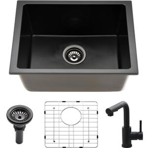 22 Inch Black Undermount Kitchen Sink Quartz Wet Bar Sink Small Single Bowl Kitchen Sink with Faucet, 22"L x 17"W x 10"D