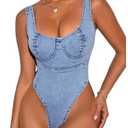 Milumia Women's Scoop Neck Denim Bodysuit Zipper Backless Y2K Going Out Tank Tops Blue, Size large