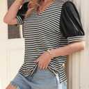 Tankaneo Womens Puff Sleeve Striped T-Shirts Summer V Neck Color Block Tops | Trendy Casual, Loose Fit Blouses, Basic Tees, Tunic Tops (M)