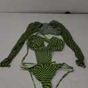 Rave Outfits for Womens - EDC Festival Neon Bodysuit Long Swimsuits Mesh Buckle Shrug Crop Top Club Party 2 Pcs Set (X-Small, Green/Black,plaid)