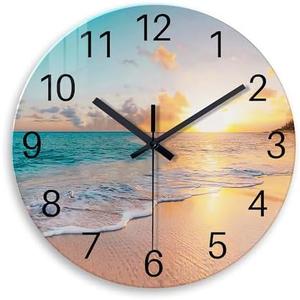Constantplanet Blue Wall Clock Silent Glass Beach Wall Clock for Living Room Large Wall Clocks Battery Operated 20 Inch