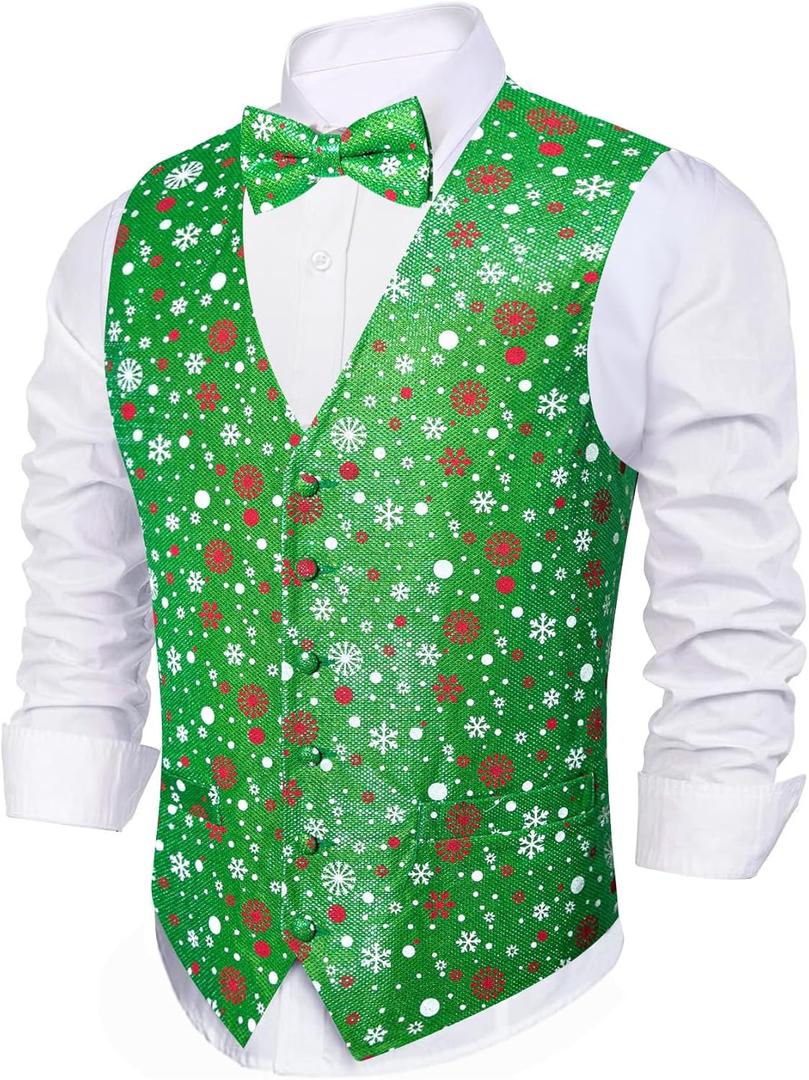 Barry. Wang Mens Christmas Vest with Snow/Snowman/Christmas Tree Red/Green Holiday Waistcoat Bowtie Set Party Halloween (Small)