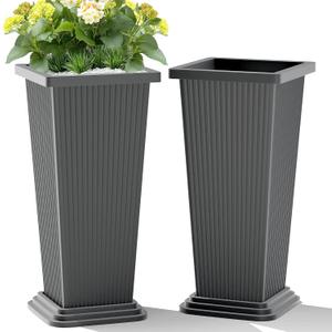 TUYOHW Set of 2 Tall Planters, 24" Large Indoor Outdoor Flower Pots with Tray, Modern Tapered Planters for Porch, Patio, Garden, Backyard