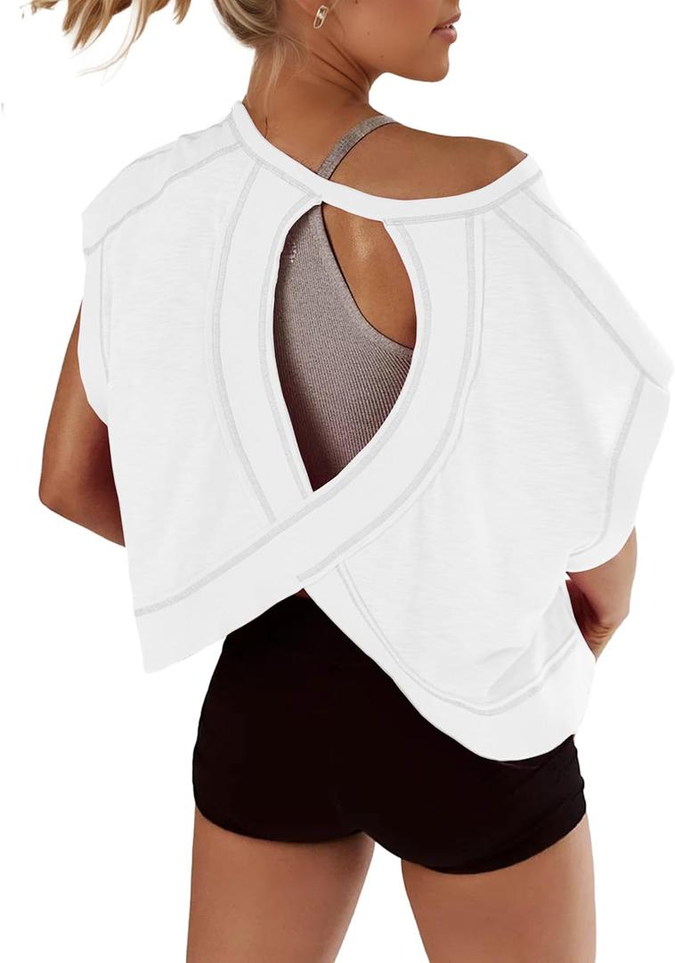 Open Back Tops for Women Oversized Short Sleeve Workout T Shirts Backless Y2k Athletic Crop Running Tees (Small)