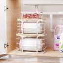 2 Pack Stackable Storage Kitchen Laundry Pantry Organizers,Trash Bag Holder Wall Mount,Garbage Bag Dispenser with Bamboo Top,White Large and Small