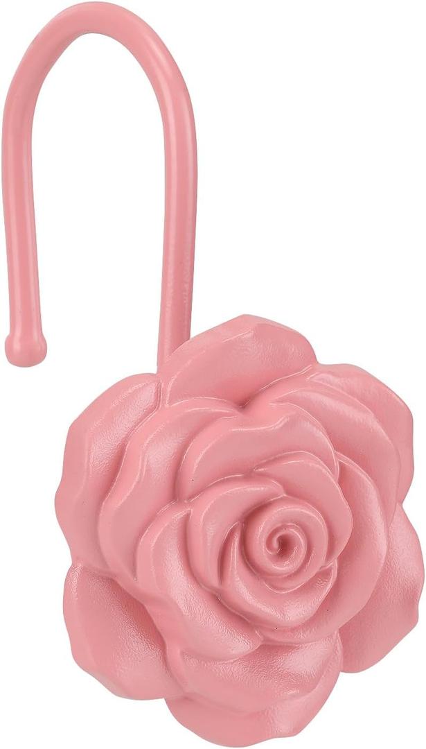 Metal Rose Shower Curtain Hooks, Rust-Resistant Hooks for Shower Curtain Rods, Set of 12, Beautiful Floral Rose Design Bathroom Decoration Hooks (Pink)