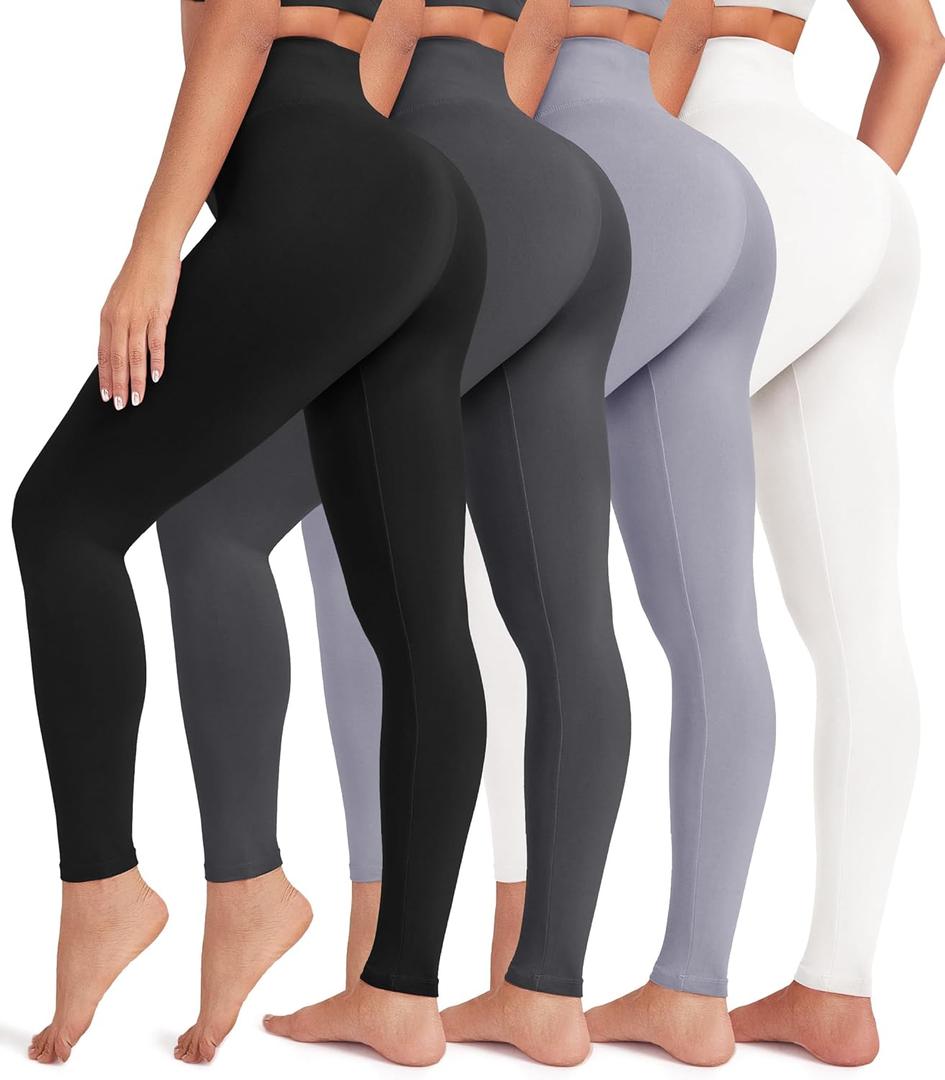 VALANDY Creamlush 4 Pack Leggings for Women-High Waisted Ultra Soft Stretchy Yoga Lounge Pants (XX-Large, 4 Pack - Black/Dark Grey/Light Grey/White)