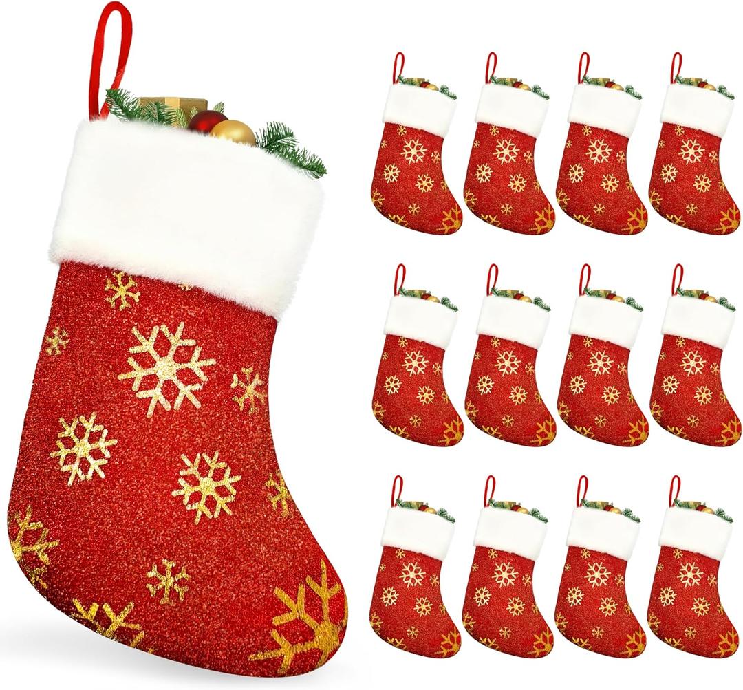 MNKXL 12PCS Bulk Christmas Stockings,9" Red Velvet with White Plush Cuff Xmas Stocking,Felt Flannel Faux Fur Stockings with Golden Snowflakes,Thickened Christmas Stockings Bulk for Fireplace Mantel