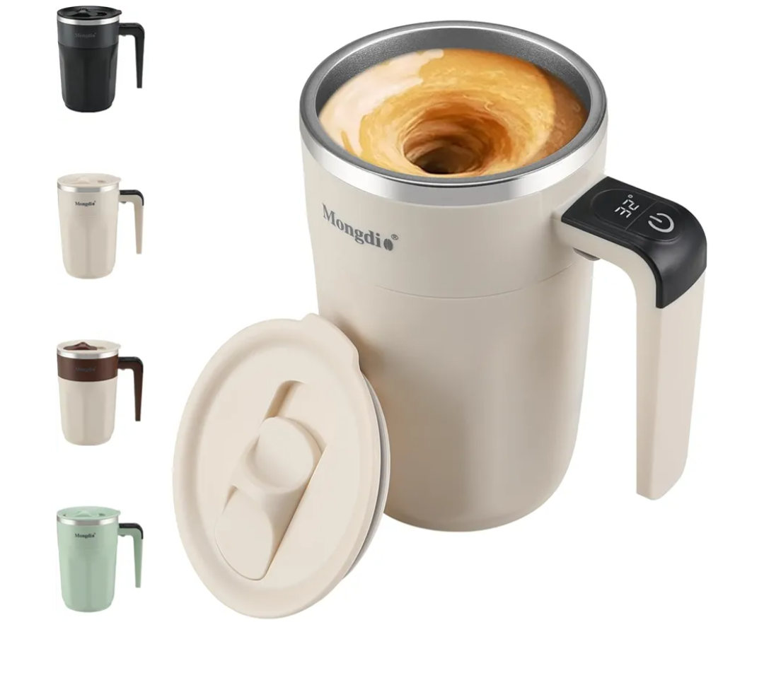 Mongdio Self Stirring Coffee Mug with Temperature Display, Rechargeable Stirring Mug, Automatic Self Stirring Cup with Lid, For Coffee, Milk and Other Beverages, White