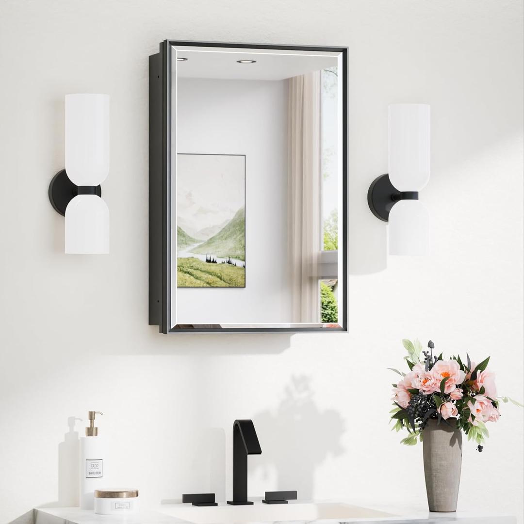 TokeShimi 16x24 Recessed Medicine Cabinet with Mirror Surface Mounted, Metal Beveled Mirror with Storage for Bathroom Vanity, Aluminum Black Medicine Cabinet Mirrored