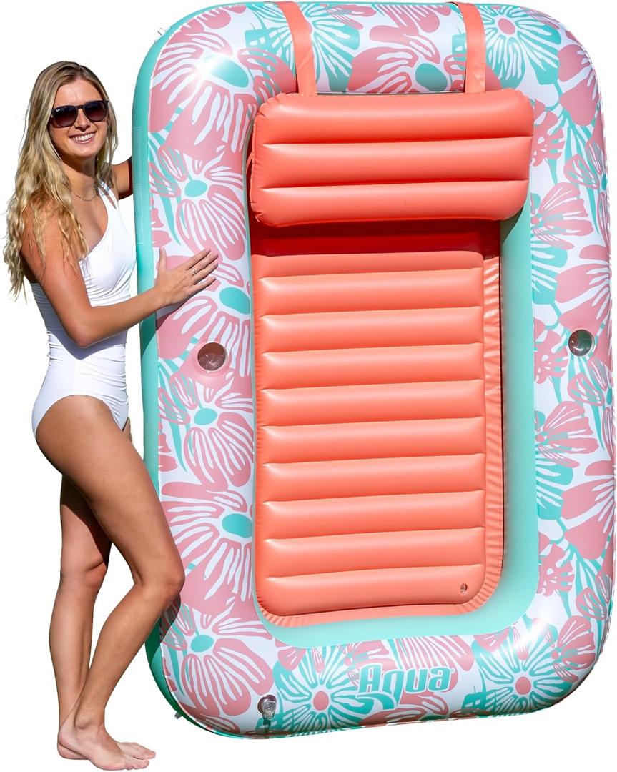 Aqua Inflatable Tanning Pool Lounger, Premium Pool Float with Cupholders and Removeable Pillow for Relaxation and Fun, 71 x 48"