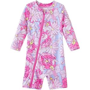 UMELOK Baby Girls' One Piece Swimsuit Full Zip UPF 50+ Sun Protection Swimwear Rash Guard Swim Suit (2-3T, Pink Flower)