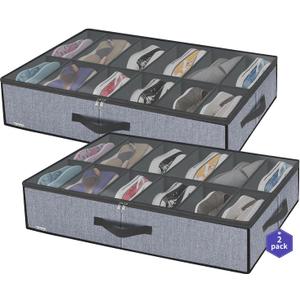 Onlyeasy Large Under Bed Shoe Organizer (6 to 12 Pairs x 2) - Underbed Shoes Closet Storage Solution with Metal Zipper and 2 Handles, Breathable, 29.3"x23.6"x5.9", Linen-like Grey