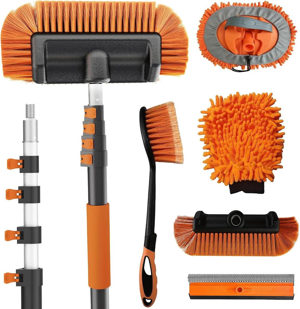 Buyplus 18FT Reach Car Wash Brush with Long Handle - Car Cleaning Kit with 3-12FT Extension Pole, Wheel Brush, Microfiber Cleaning Mop, Mitt, Window Squeegee for RV Truck SUV Boat Solar Pane Washing