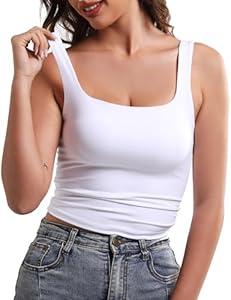 Tank Top for Women Double Lined Women's Tank Tops Y2K Going Out Crop Tops Slim Sleeveless Summer Square Neck Shirts Medium