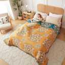 Boho Throw Blanket for Bed 100% Cotton Soft Lightweight Quilt Floral Embroidery Home Decor Spring Breathable Bed Blanket,80"x90" All Season Reversible Yellow Blankets for Sofa Couch Chair