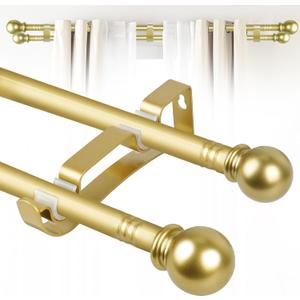 Double Curtain Rods for Windows Set 45 to 90 Inch,Gold Curtain Rod with 3PCS Drapey Pole Brackets,5/8" Diameter Blackout Small Curtain Rod,Extra Long Cortineros Para Ventanas for Bedroom,Living Room