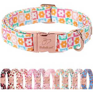 Spring Dog Collar, Pastel Checkered Flowers Pet Collar with Metal Buckle, Durable Adjustable Designer Dog Collars for Small Medium Large Dogs XL
