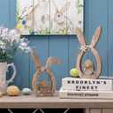 RattanView 2 Pcs Easter Wood Bunny Decorations 5.91 Inch Rustic Retro Wooden Standing Decor with Egg Hollow Tabletop Figurine for Spring Gifts Home Tiered Tray Farmhouse Party Fireplace Shelf
