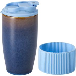 Ceramic Travel Coffee Mug with Polypropylene Lid and Insulated Sleeve, 16 oz, Portable Coffee Cup for Car Cup Holder, Transmutation Glaze Microwave and Dishwasher Safe(Blue)