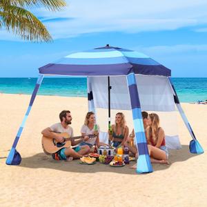 Beach Cabana,Spacious 7.2 x 7.2 FT Beach Cabana Provides Ample Shade for 5-6 People, Perfect for Family Outings; Features 3 Side Curtains for Enhanced Privacy and Wind Protection