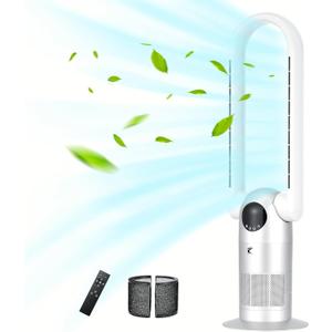 Ocean Loong 38.6” Bladeless Tower Fan & HEPA Air Purifier in One for Bedroom Home Office, 9Speeds & 9H Timer Floor Fan, 90° Oscillating & Tilt Head Air Circulator with Remote, AC68P (Silver)