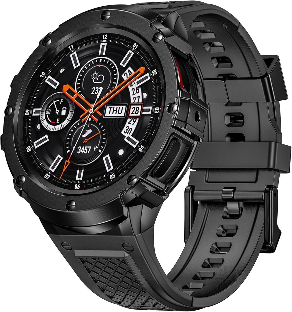 Silicone Band with Stainless Steel Case Cover Compatible with Samsung Galaxy Watch 7 44mm Bands Protective Case Cover for Men, (Black)