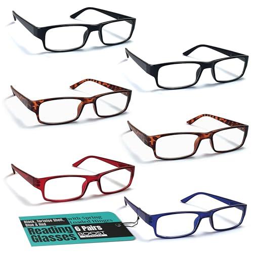 Boost Eyewear 6 Pack Reading Glasses, Traditional Frames in Black, Tortoise Shell, Blue and Red, for Men and Women, with Comfort Spring Loaded Hinges, Assorted Colors, 6 Pairs (+1.25)