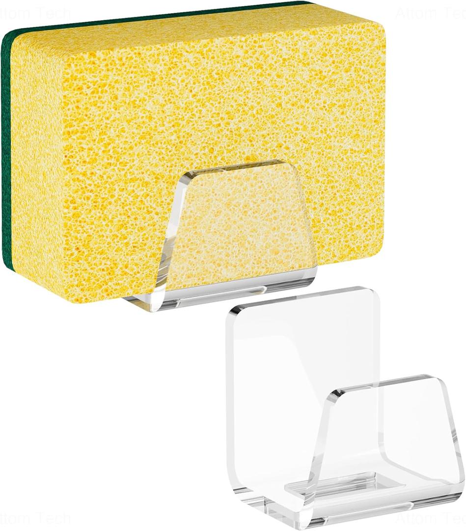 NiHome Clear Acrylic Kitchen Sink Sponge Holders 2PCS for Sponges, Dishcloths & More - Sleek Modern Look No-Drill Design with Efficient Drainage and Multipurpose Storage, Saves Space & Easy to Install